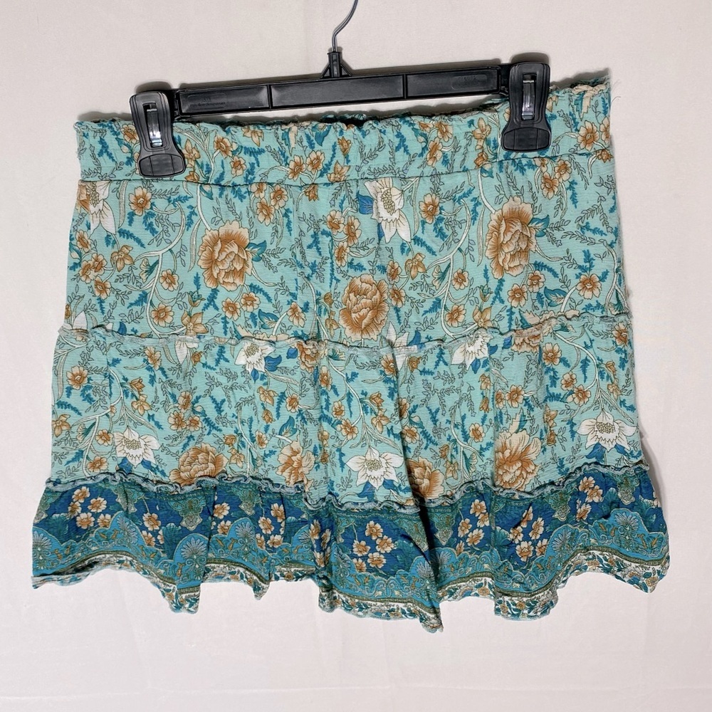 Cleo Green Blue Cream Orange Floral Tiered Ruffle Hem Mini Skirt Skort M
